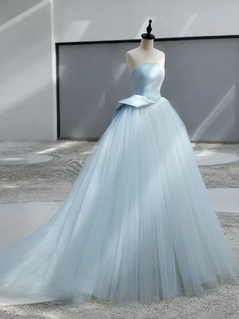 A-Line Satin Tulle Blue Long Prom Dress Blue Long Formal Dress