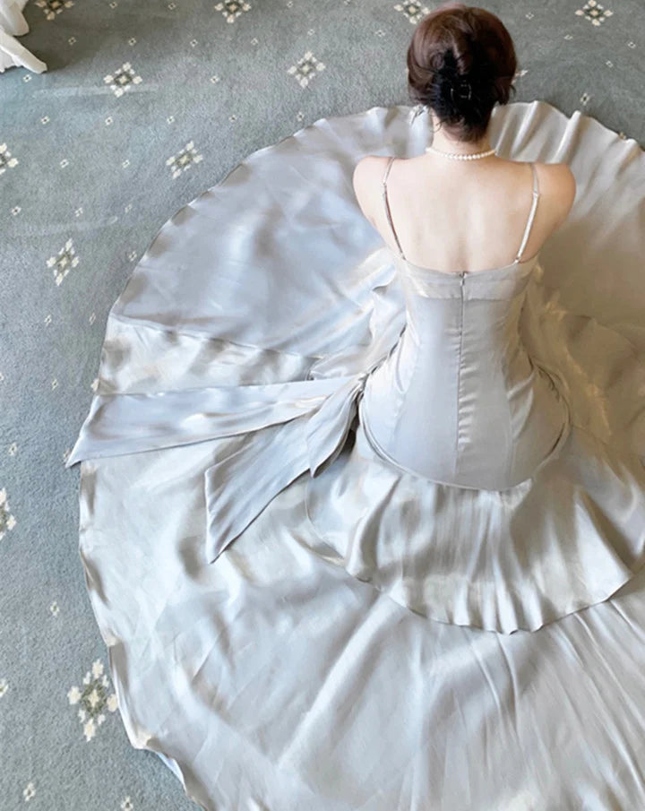 Beautiful Sliver Grey Straps Chic Long Party Dress Long Evening Dress Prom Dress