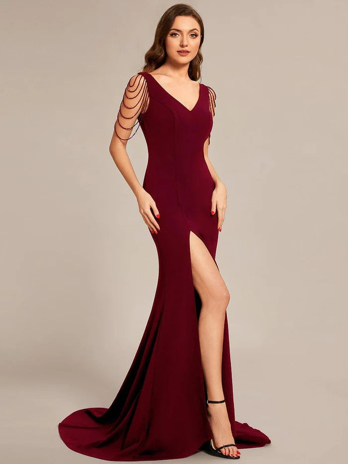 Sleeveless with Chain Bodycon Mermaid High Slit Formal Evening Dress ﻿