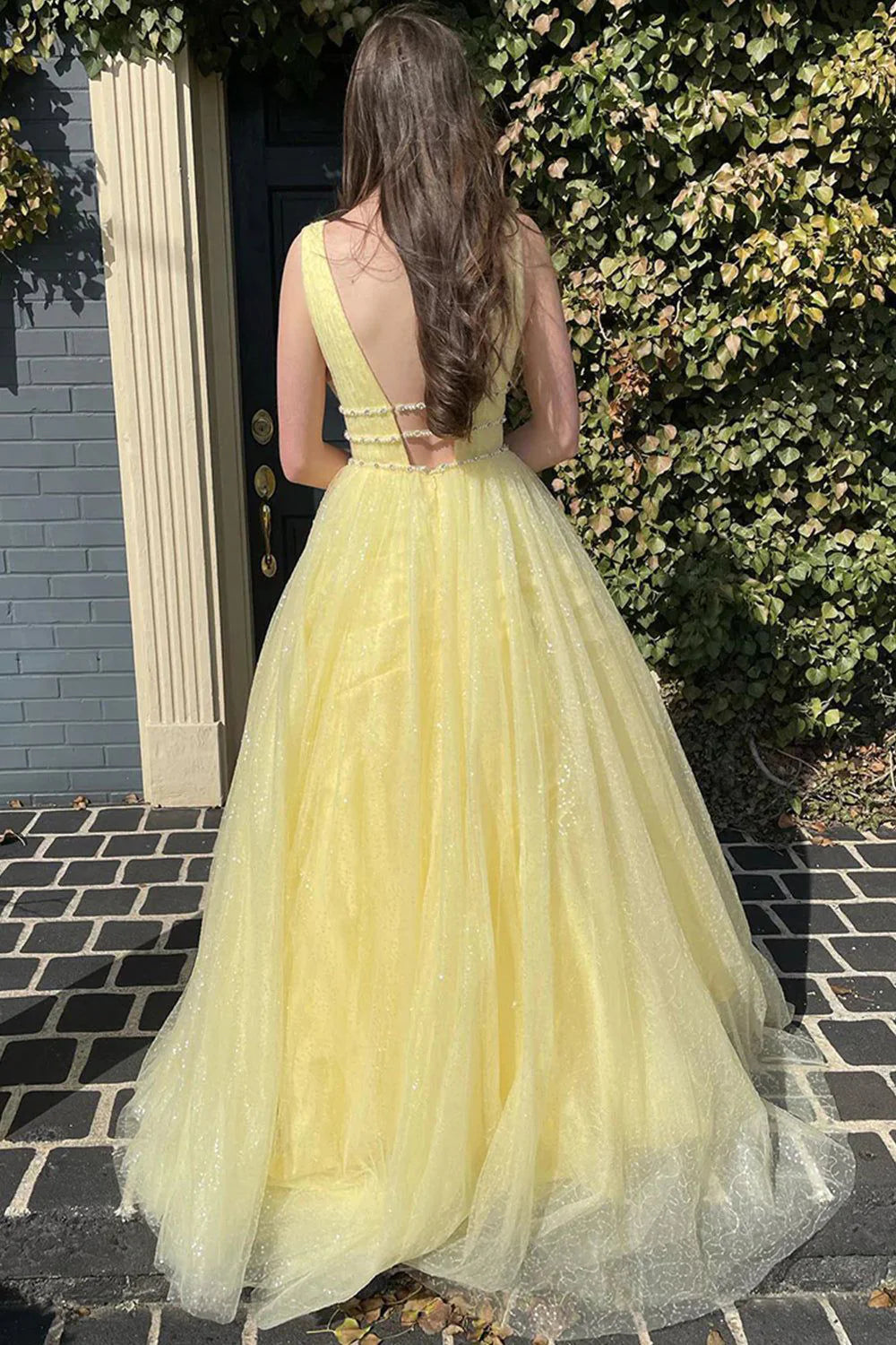 Light blue deep V-neck long sheer ball gown