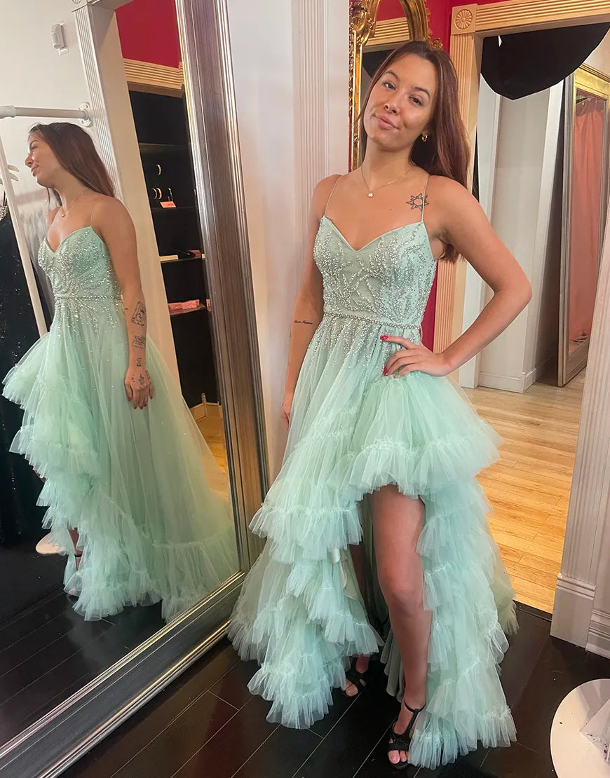 Elegant sequin lotus leaf edge length thin shoulder strap sheer party dress