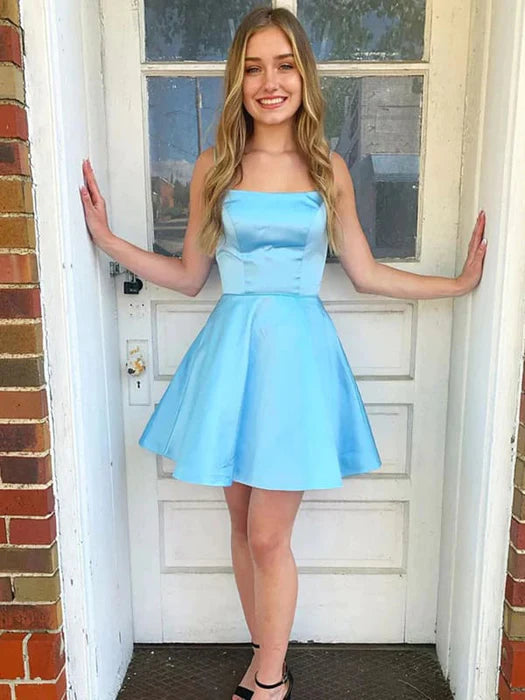 Open Back Short Blue Prom Homecoming Dresses Backless Blue Formal Graduation Evening Dresses