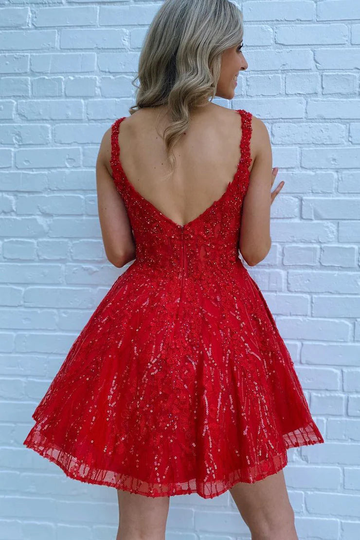 A Line V Neck Red Sparkly Tulle Lace Short Homecoming Dresses