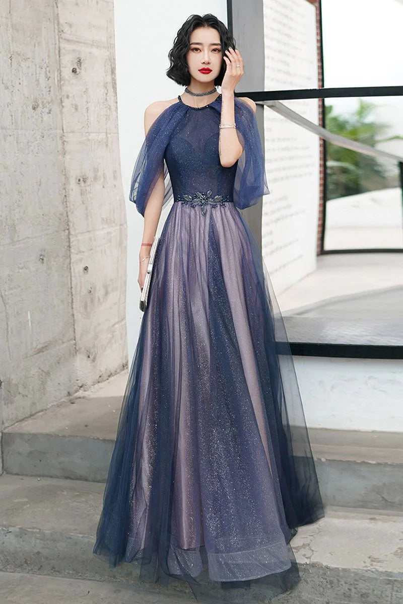 Blue tulle long prom dress blue tulle formal dress