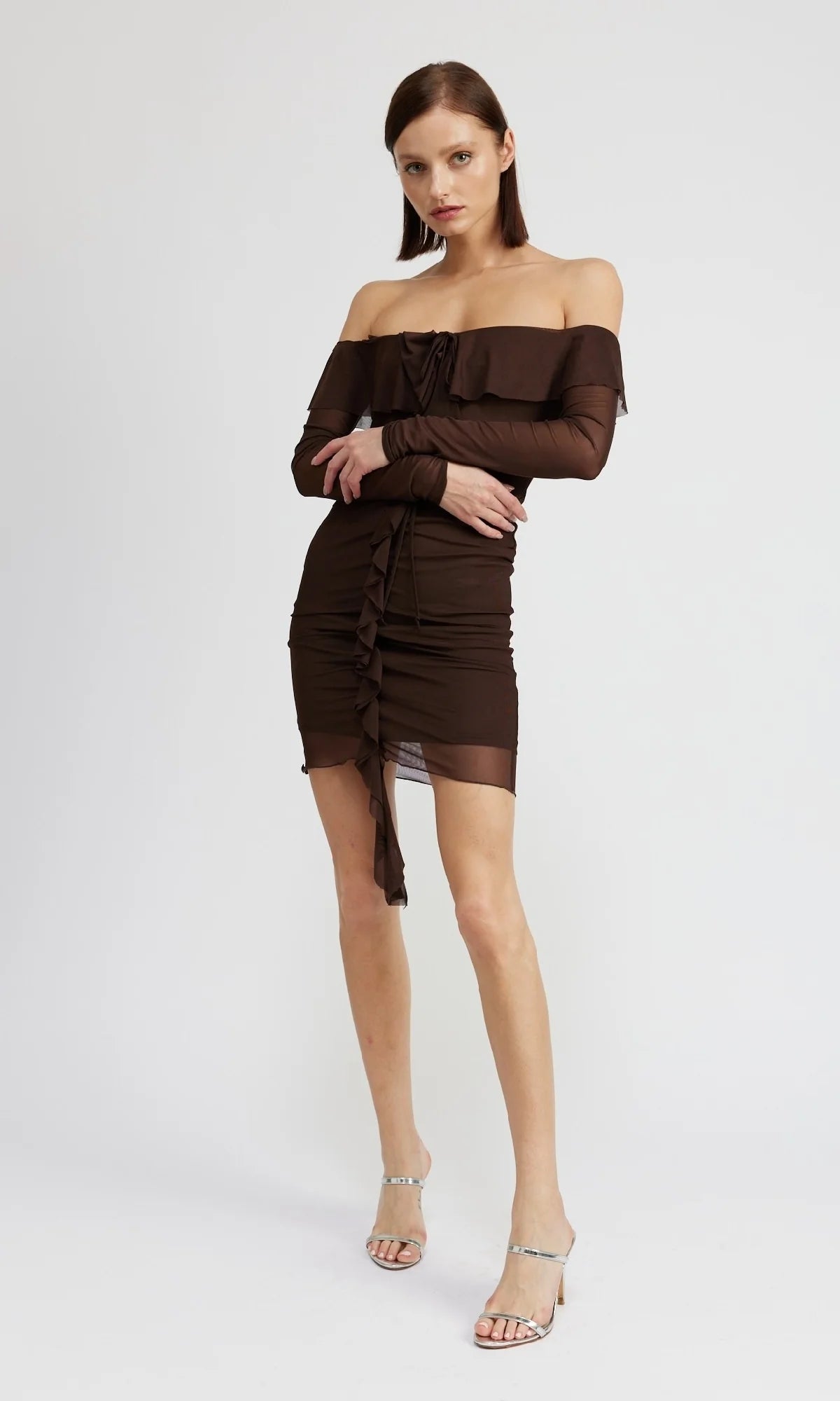 Chocolate Brown Short Party Dress with Sleeves ﻿