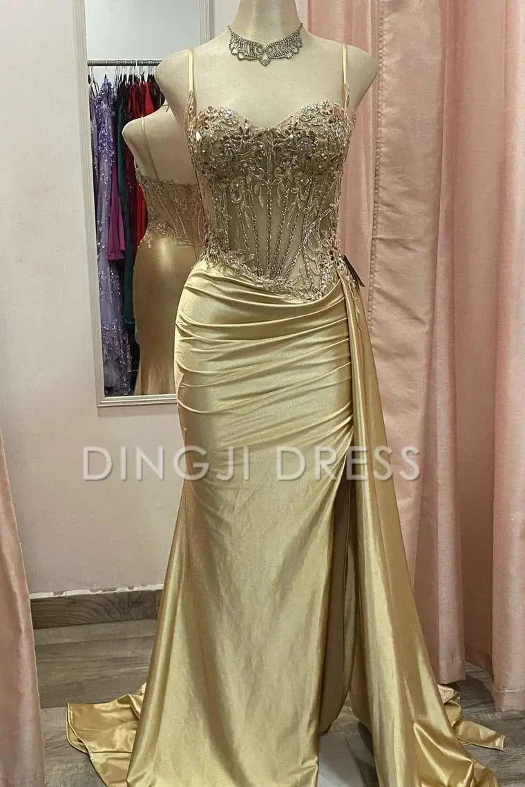 DingJiDress Stunning Mermaid Spaghetti Straps Pleated Long Glitter High Slit Luxurious Prom Dress