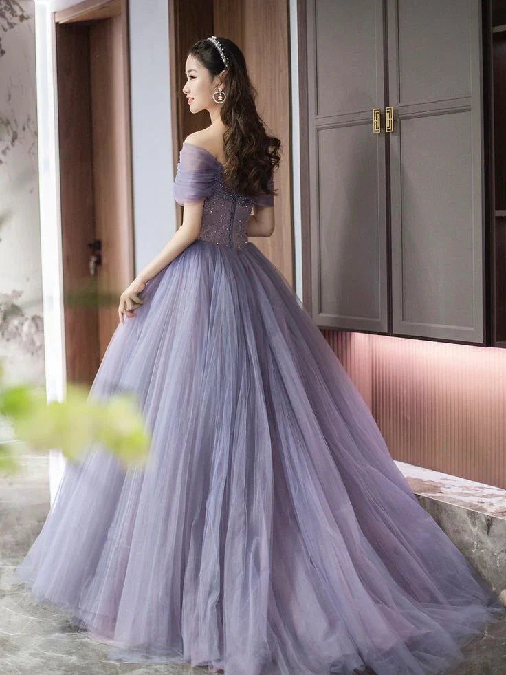 Purple A-Line Off Shoulder Tulle Beading Long Prom Dress
