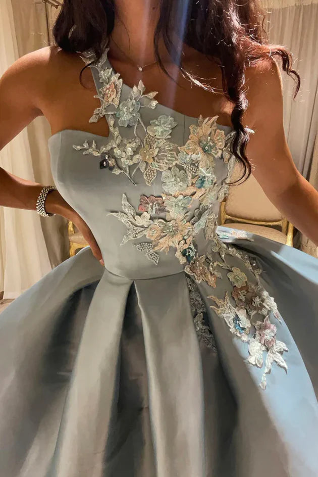 Blue Elegant Satin Single Shoulder Lace Short Ball Dress Evening Dress