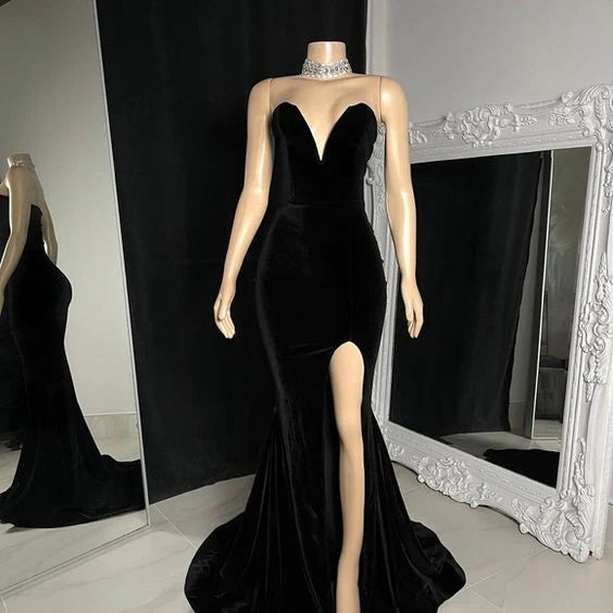 Elegant black sleeveless slit dress formal evening gown