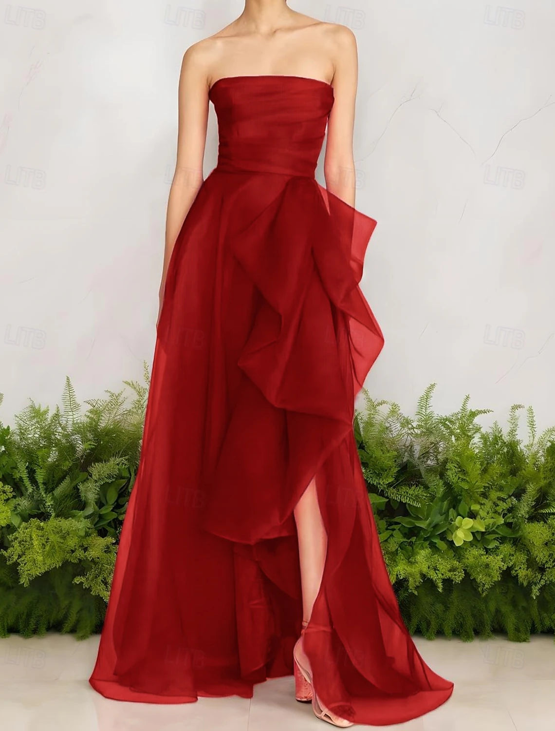 A-Line Evening Gown Celebrity Style Dress Formal Wedding Guest Floor Length Sleeveless One Shoulder Organza with Ruched Ruffles Slit