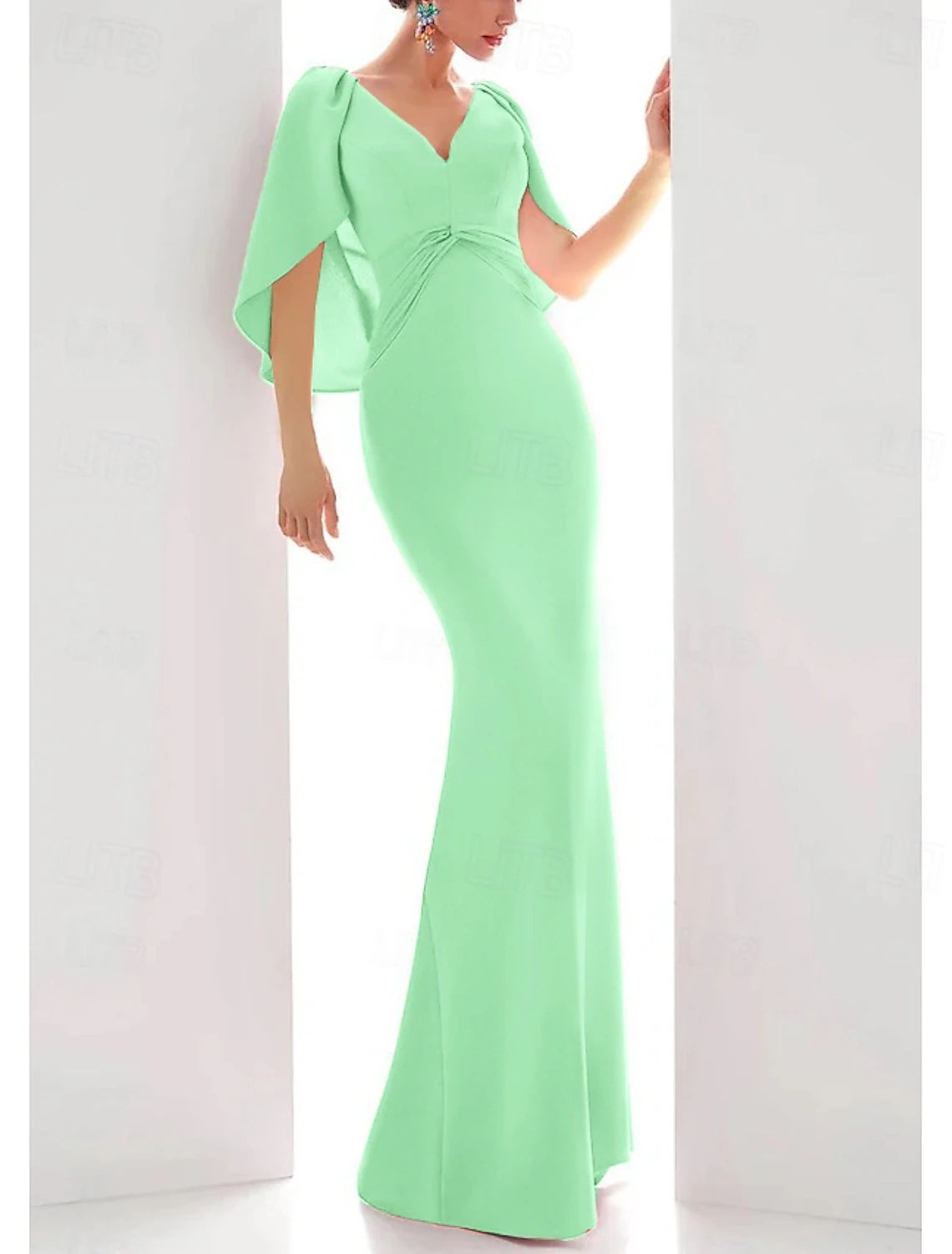 heath Evening Gown Elegant Dress Formal Fall Floor Length Short Sleeve V Neck Stretch Chiffon with Ruched Ruffles