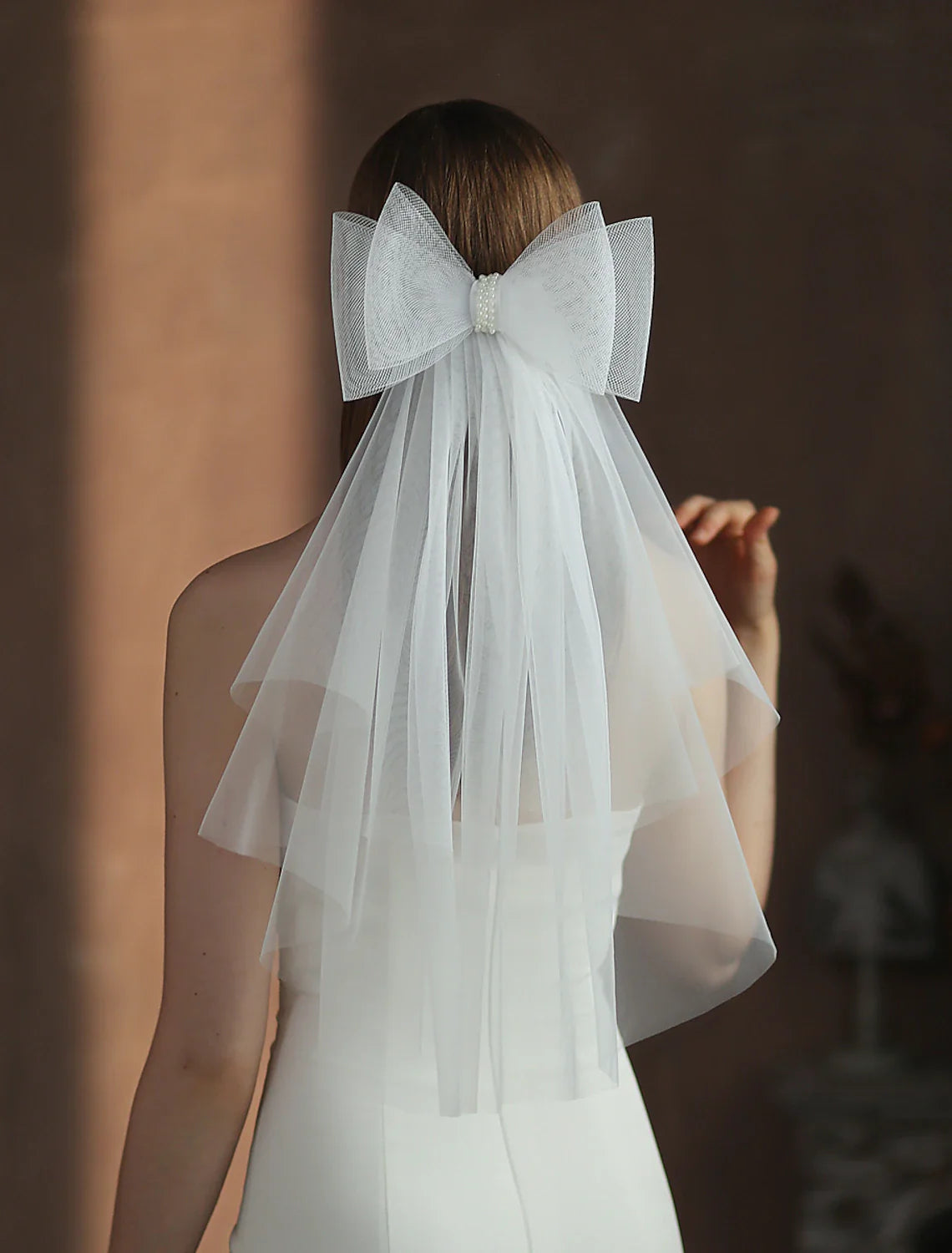 DingJiDress Two-tier Cute Wedding Veil Elbow Veils with Pure Color Tulle