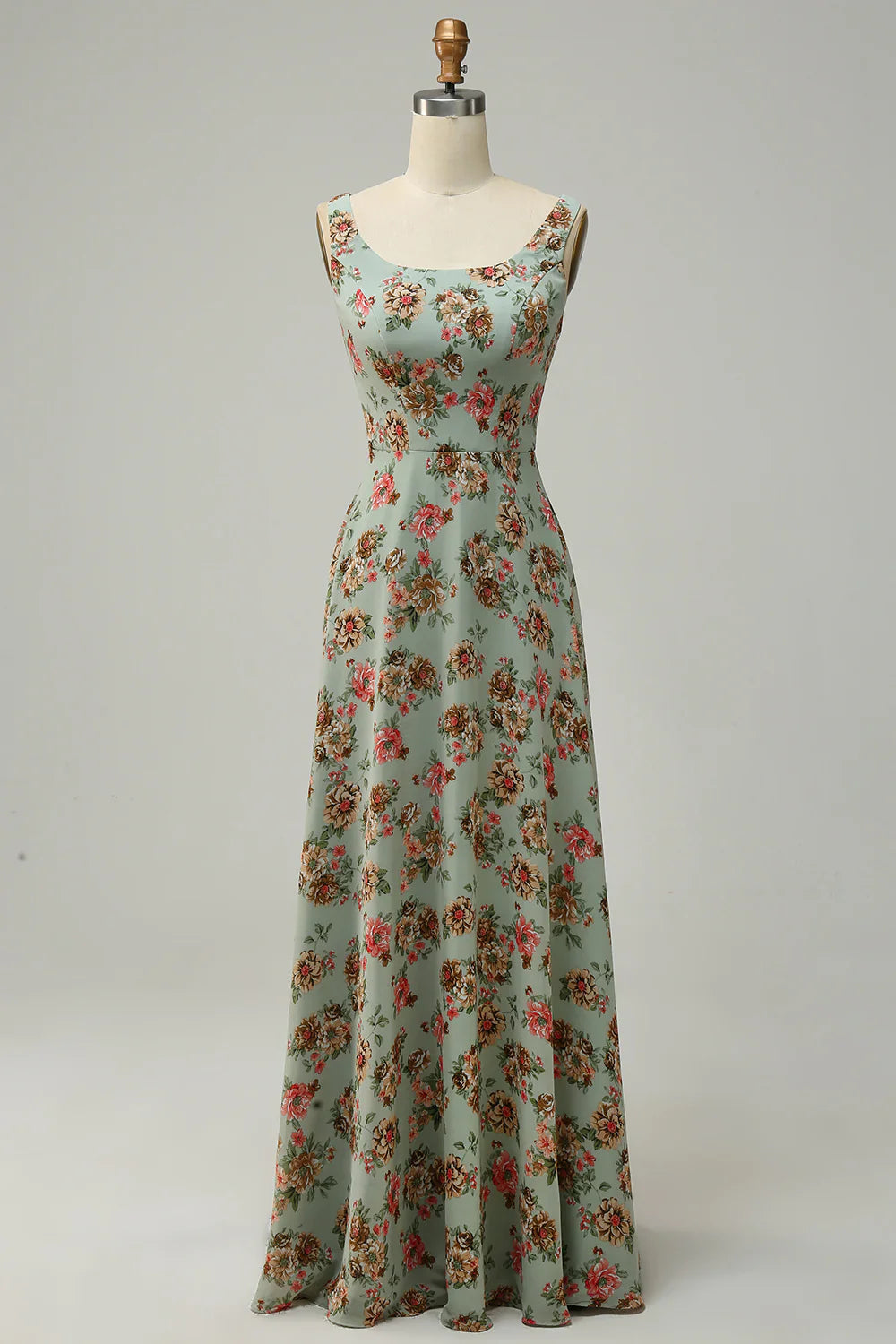 DingJiDress A Line Square Neck Green Floral Long Bridesmaid Dress with Open Back