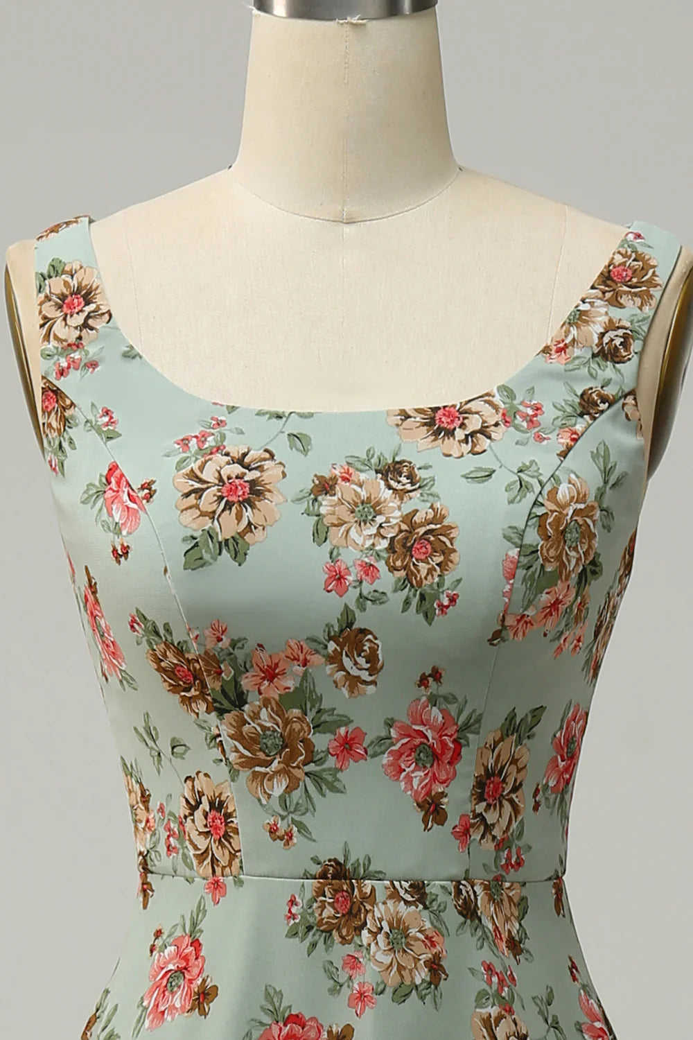 DingJiDress A Line Square Neck Green Floral Long Bridesmaid Dress with Open Back