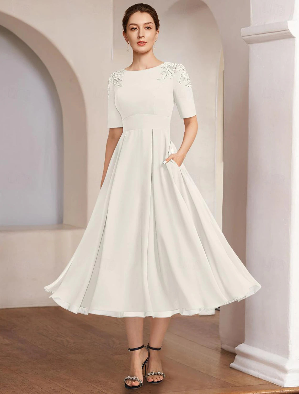 A-Line Mother of the Bride Dress Beach Wedding Formal Elegant Bateau Neck Tea Length Chiffon Half Sleeve with Lace