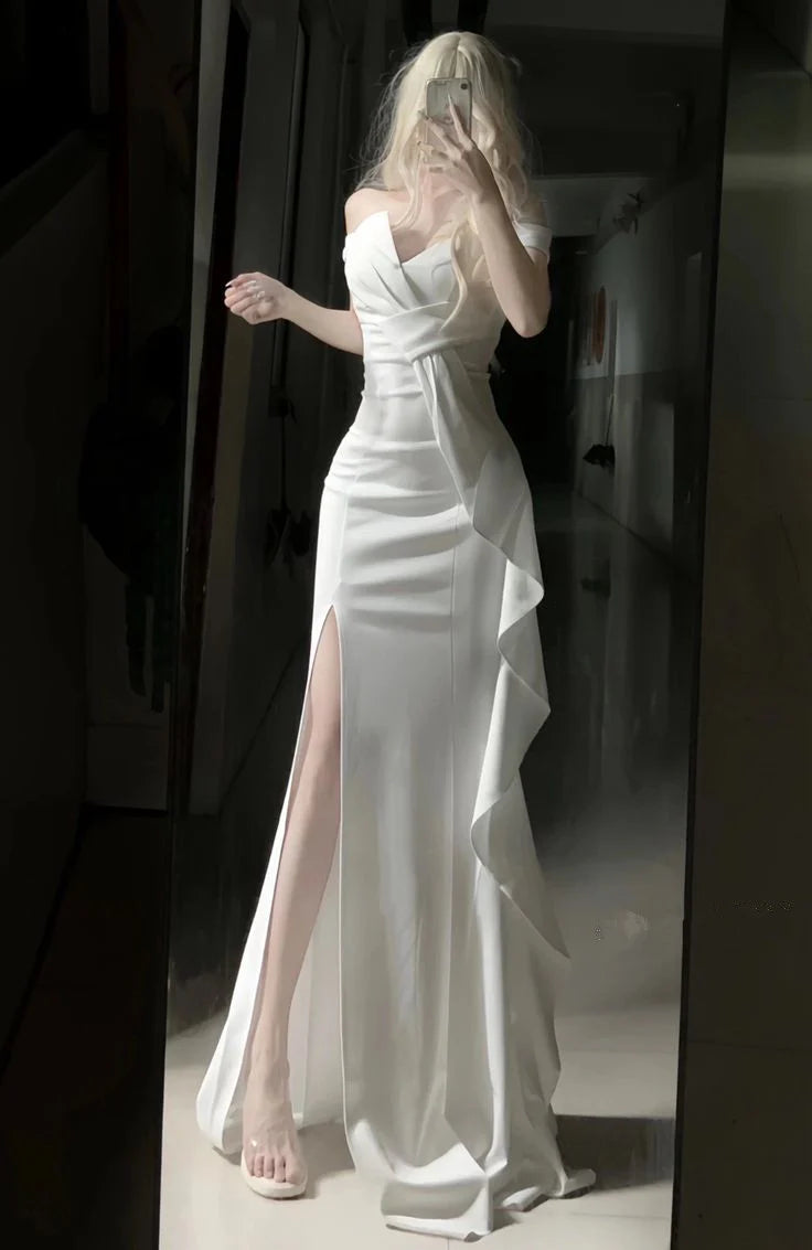 White Off Shoulder Long Prom Gown Evening Dress