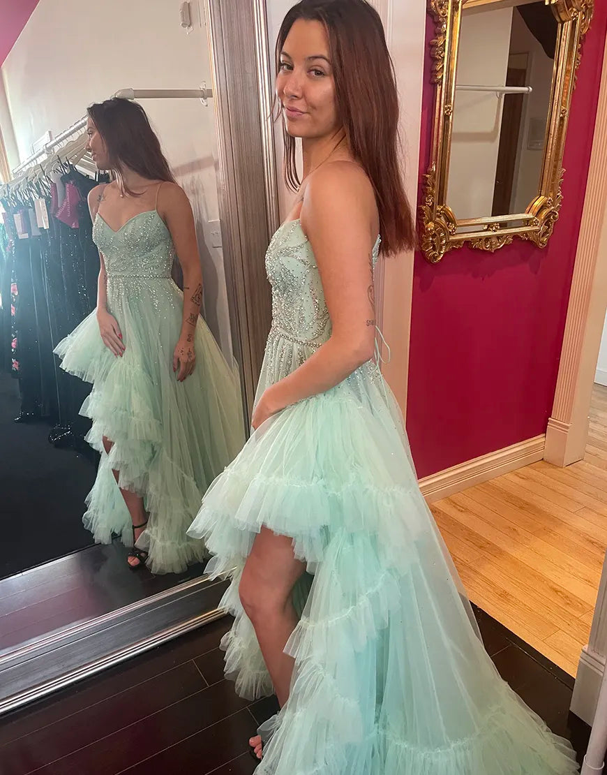 Elegant sequin lotus leaf edge length thin shoulder strap sheer party dress