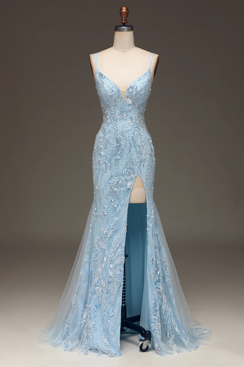 Light blue mermaid V-neck long slit ball dress