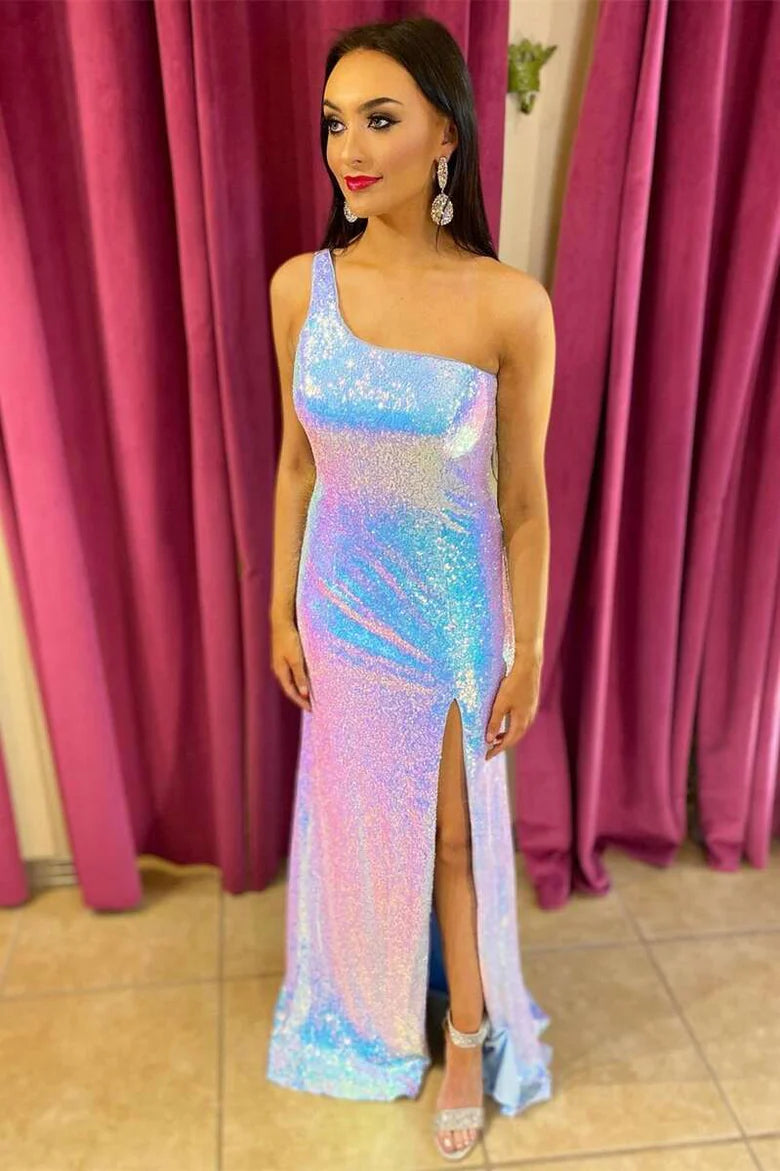 Iridescent Sequin One-Shoulder Backless Long Formal Dress