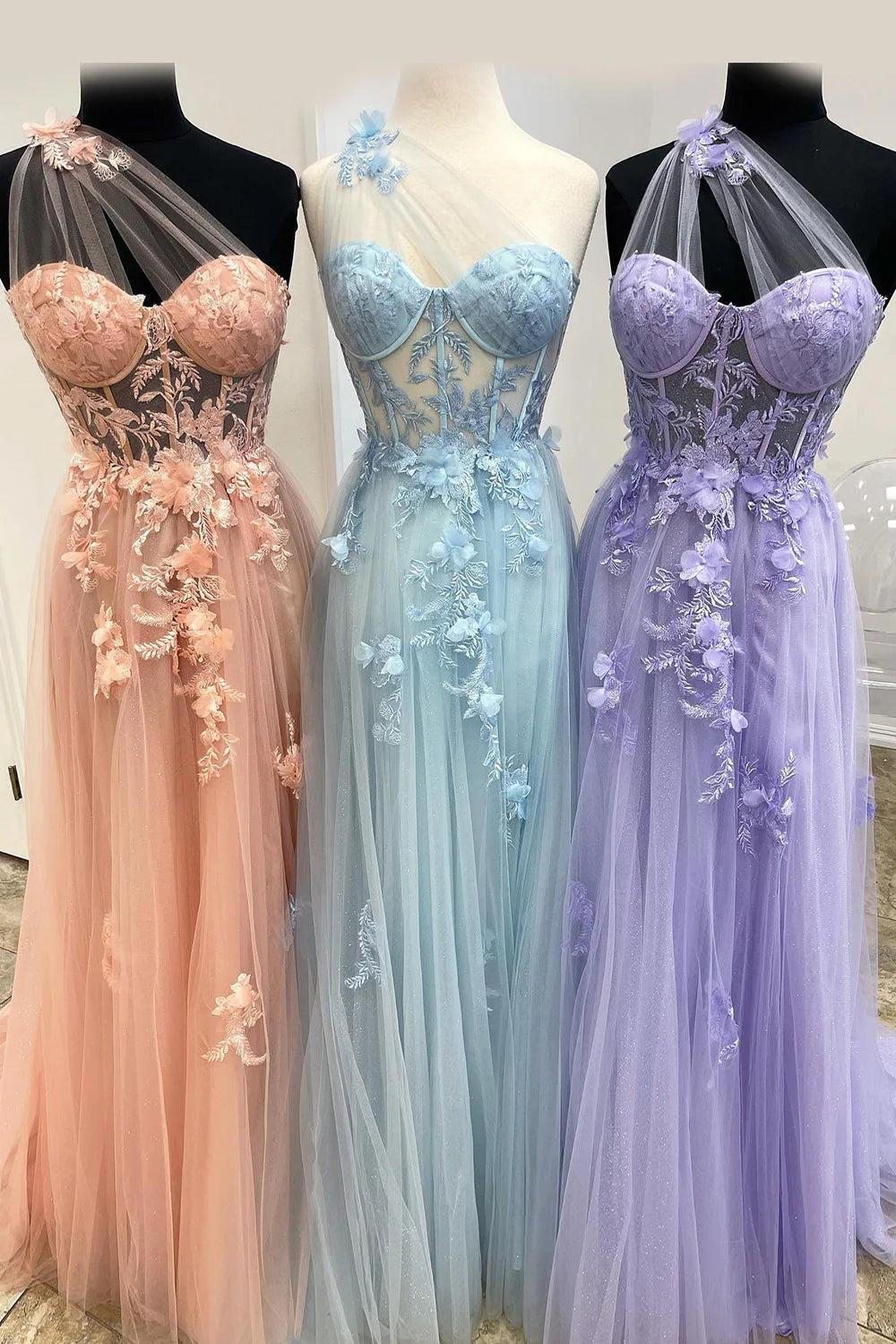 Black one shoulder long chiffon applique ball dress