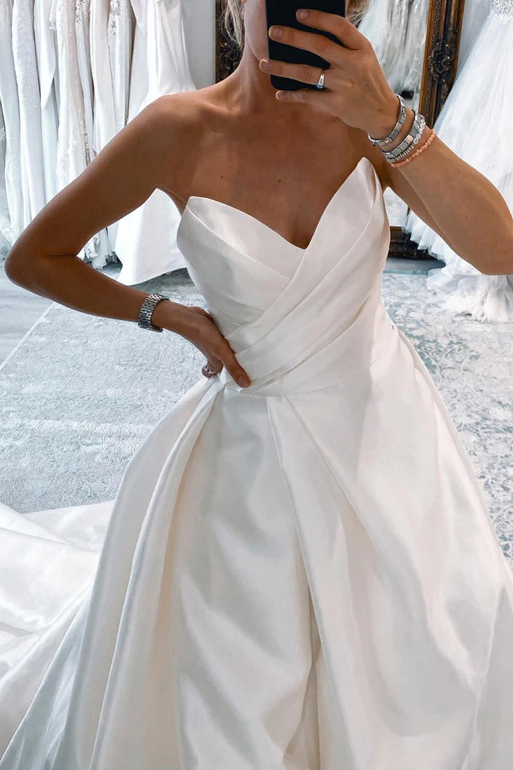 Fashion Ball Gown White Satin Long Wedding Dress with Slit