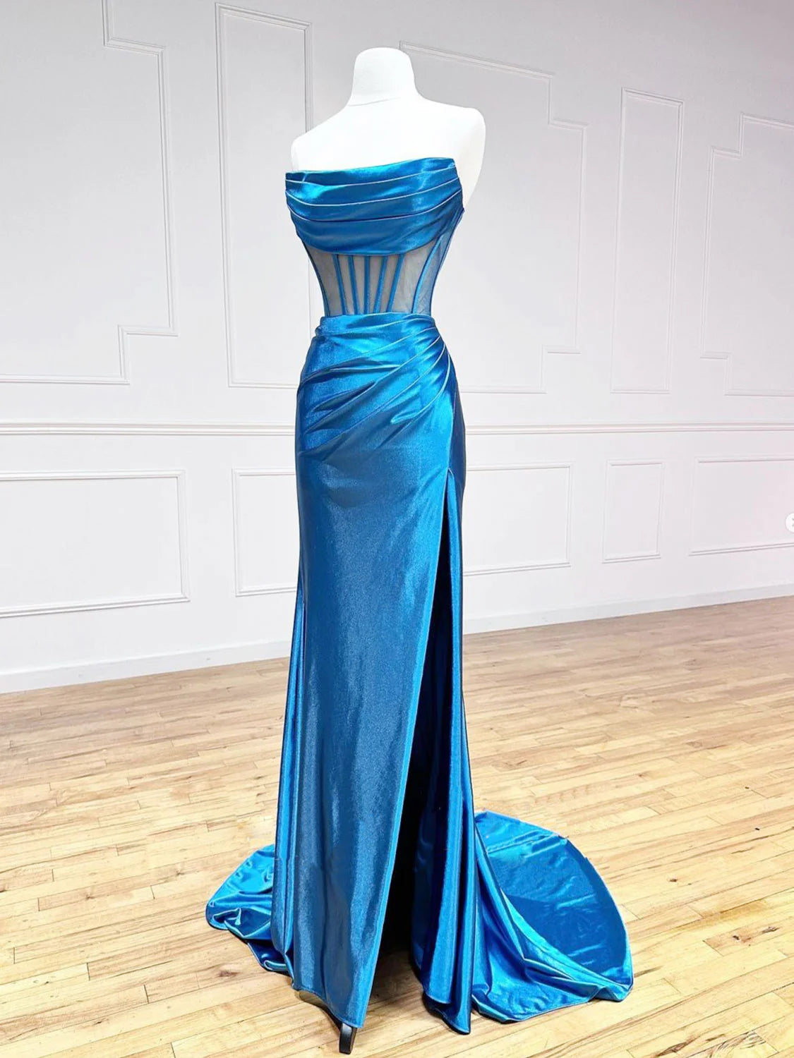 Blue Satin Long Prom Dress Mermaid Blue Formal Evening Dresses
