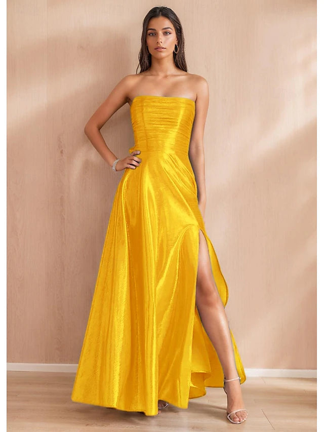 A-Line Prom Dresses Elegant Dress Formal Evening Party Floor Length Sleeveless Off Shoulder Polyester with Bow(s) Ruched Slit