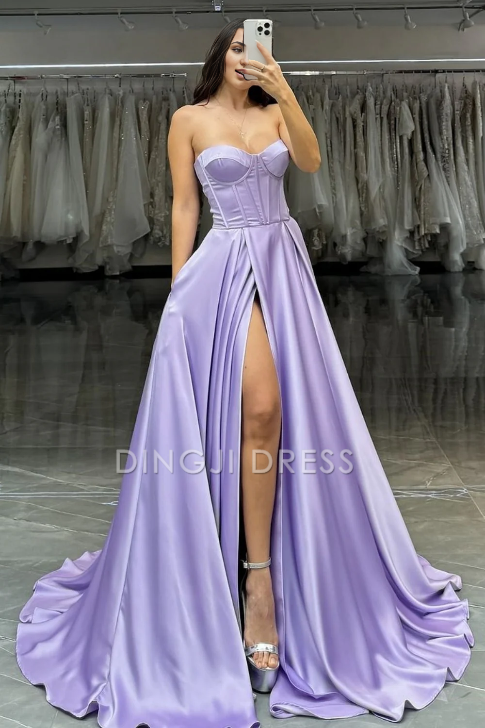 DingJiDress Pretty A-Line Strapless Sweetheart Long Satin with High Slit Elegant Prom Dress