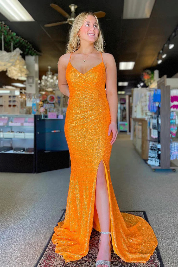 Mermaid V Neck Orange Sequins Long Prom Dress