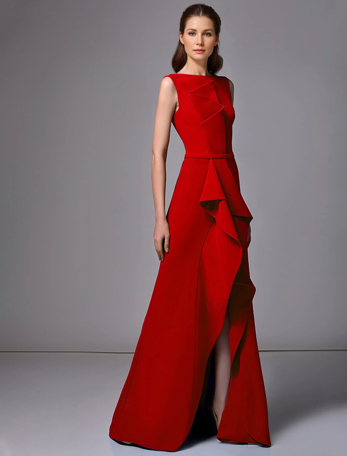 Red Blue A-Line Evening Gown Elegant Dress Beach Wedding Formal Floor Length Sleeveless Jewel Neck Stretch Crepe with Ruffles