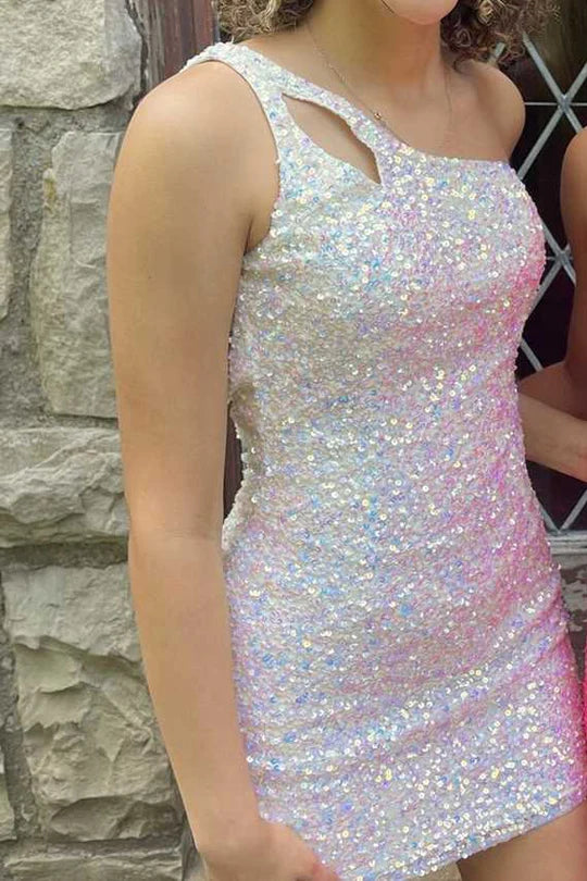 One Shoulder Sequins Bodycon Mini Dress with Keyhole