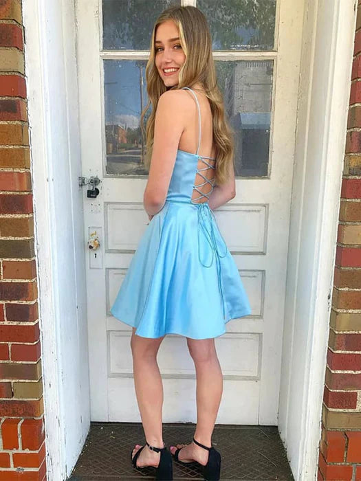 Open Back Short Blue Prom Homecoming Dresses Backless Blue Formal Graduation Evening Dresses