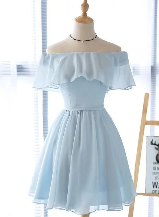 Cute Blue Off Shoulder Simple Short Party Dress Lovely Blue Chiffon Formal Dress