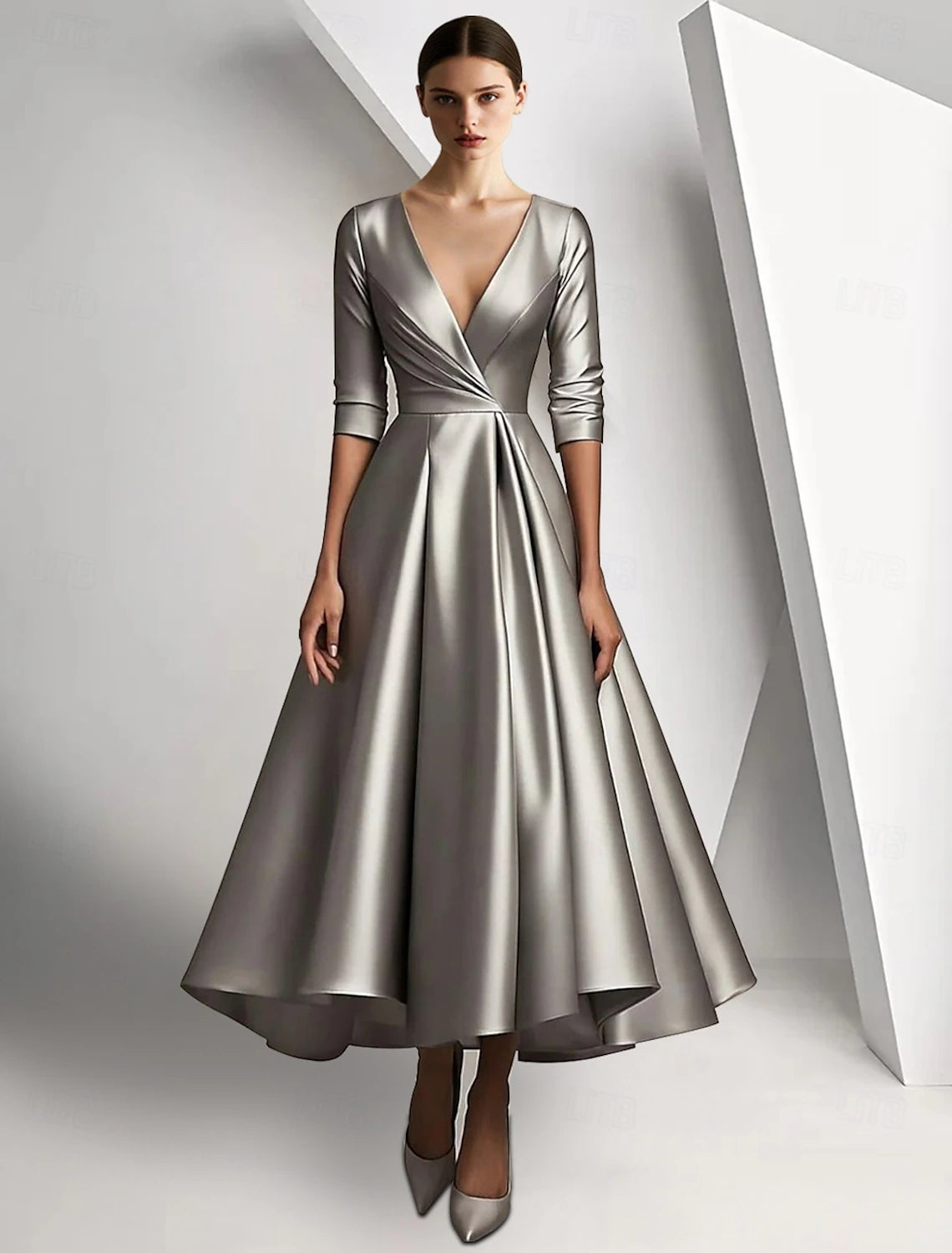 A-Line Cocktail Dresses Elegant Dress Formal Evening Party Tea Length 3/4 Length Sleeve Plunge Neck Pocket Satin with Pleats Ruched Derby Dresses