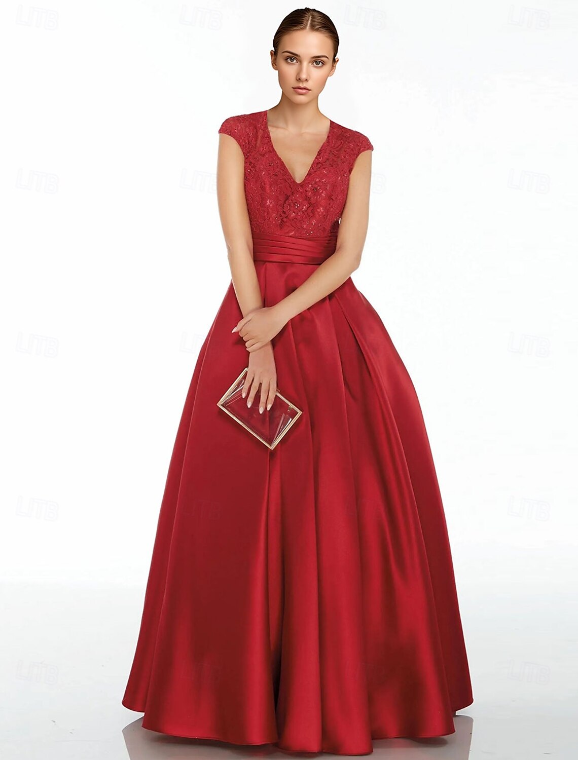 Red A-Line Evening Gown Elegant Dress Formal Floor Length Short Sleeve V Neck Pocket Satin with Pleats Pocket