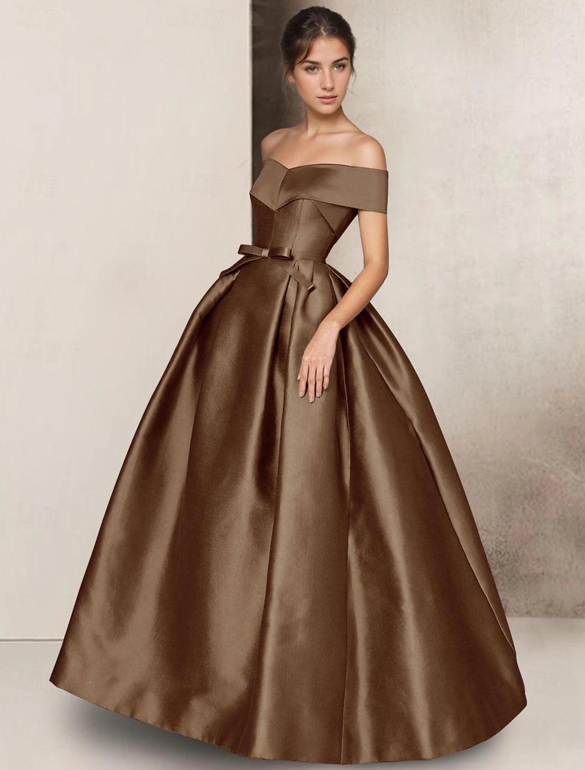 A-Line Evening Gown Elegant Dress Formal Wedding Floor Length Short Sleeve Sweetheart Satin with Bow