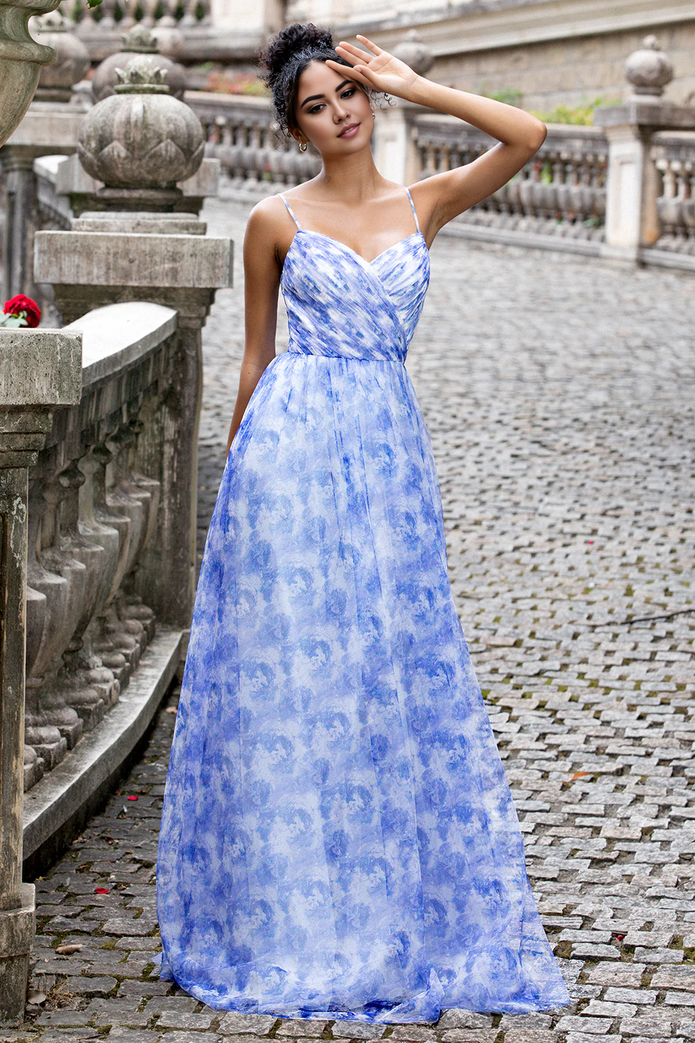 DingJiDress A Line Wedding Guest Dresses Spaghetti Straps Prom Dresses Floral Print Pleated Maxi Dress with Lace Up Back Blue