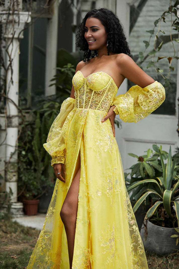DingJiDress Formal Women's Dresses A-Line Strapless Sweetheart Floor-Length Gown Slit Sequins Ruched Beaded Lace Flowers Backless Prom Dresses