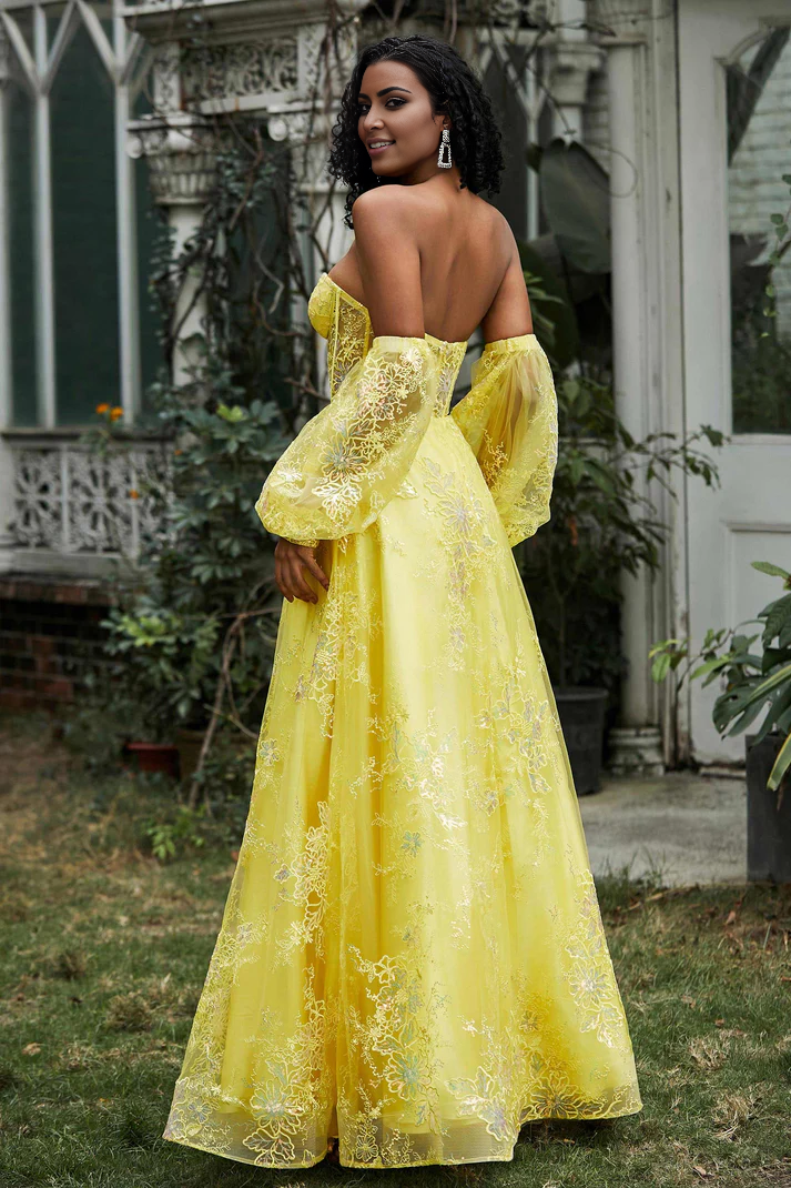 DingJiDress Formal Women's Dresses A-Line Strapless Sweetheart Floor-Length Gown Slit Sequins Ruched Beaded Lace Flowers Backless Prom Dresses
