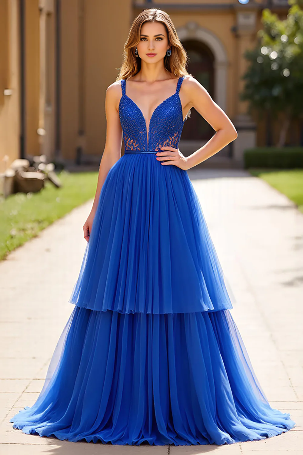 DingJiDress High Quality Dress Exquisite A Line Sweetheart Tulle Tiers Backless Long Prom Dress