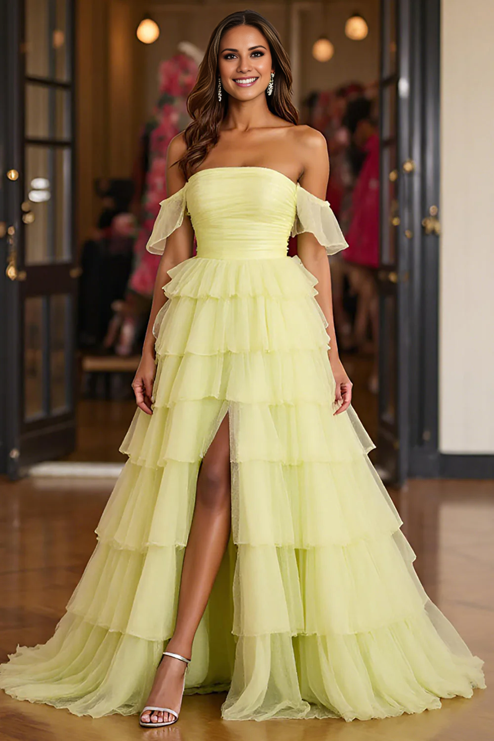 DingJiDress High Quality Dress Exquisite A Line Strapless Tiered Tulle With Slit Long Prom Dress