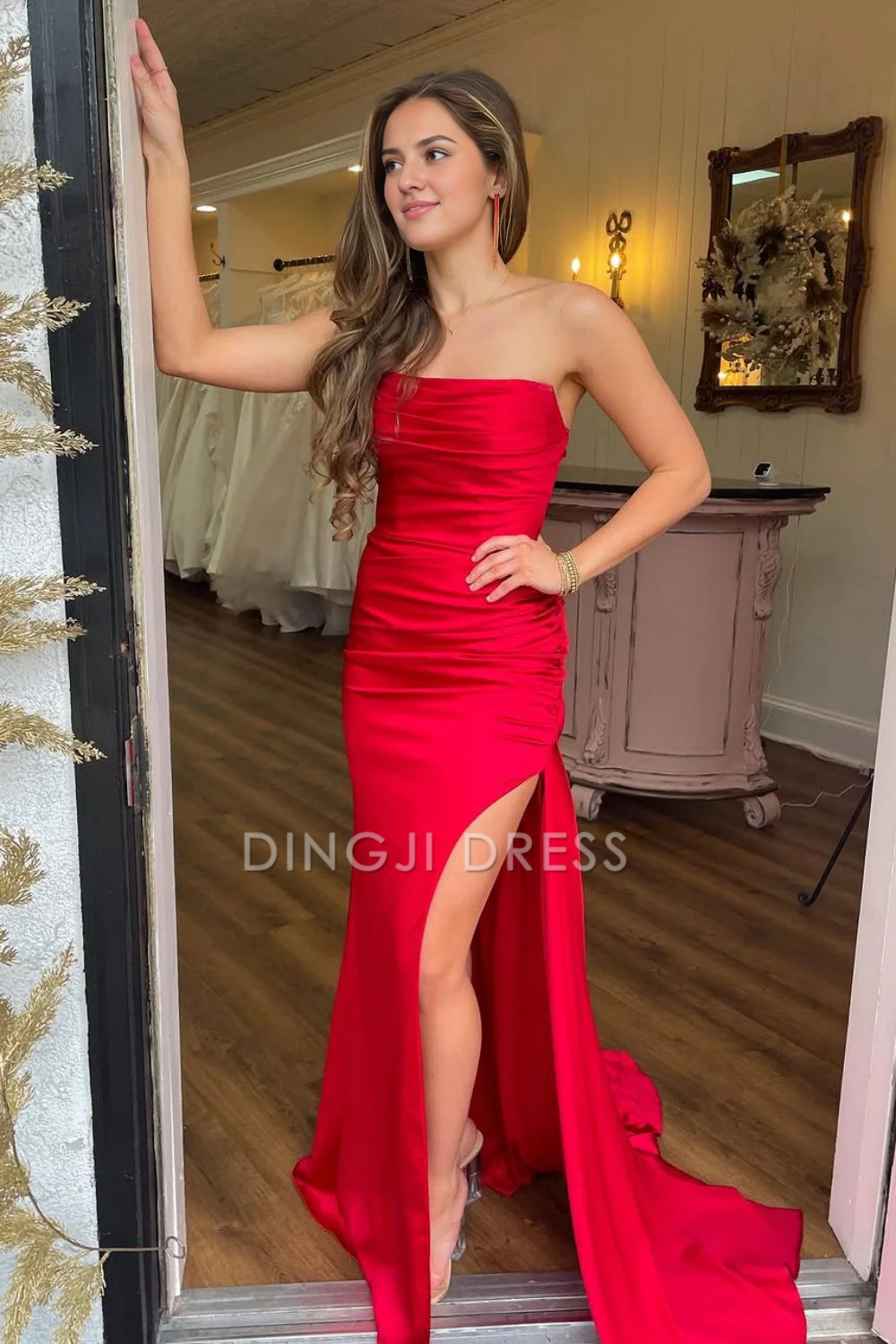 DingJiDress Simple Mermaid Strapless Backless Lace Up Long Satin Elegant Prom Dress