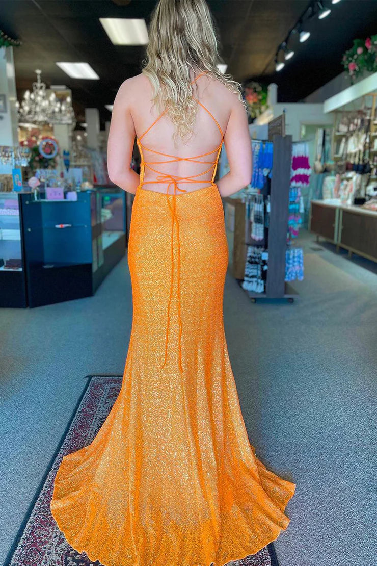 Mermaid V Neck Orange Sequins Long Prom Dress