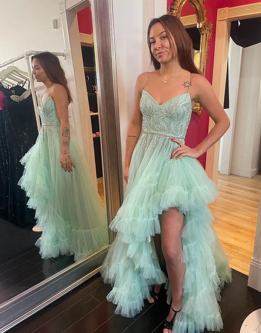 Elegant sequin lotus leaf edge length thin shoulder strap sheer party dress