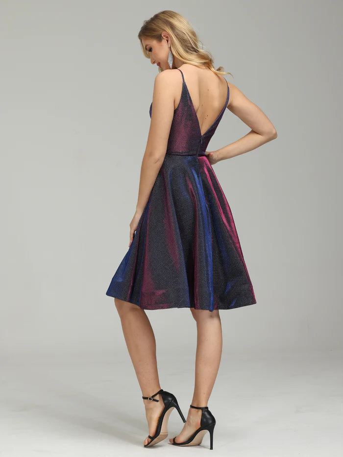 Glitter Spaghetti Straps V-neck Knee Length Homecoming Dress