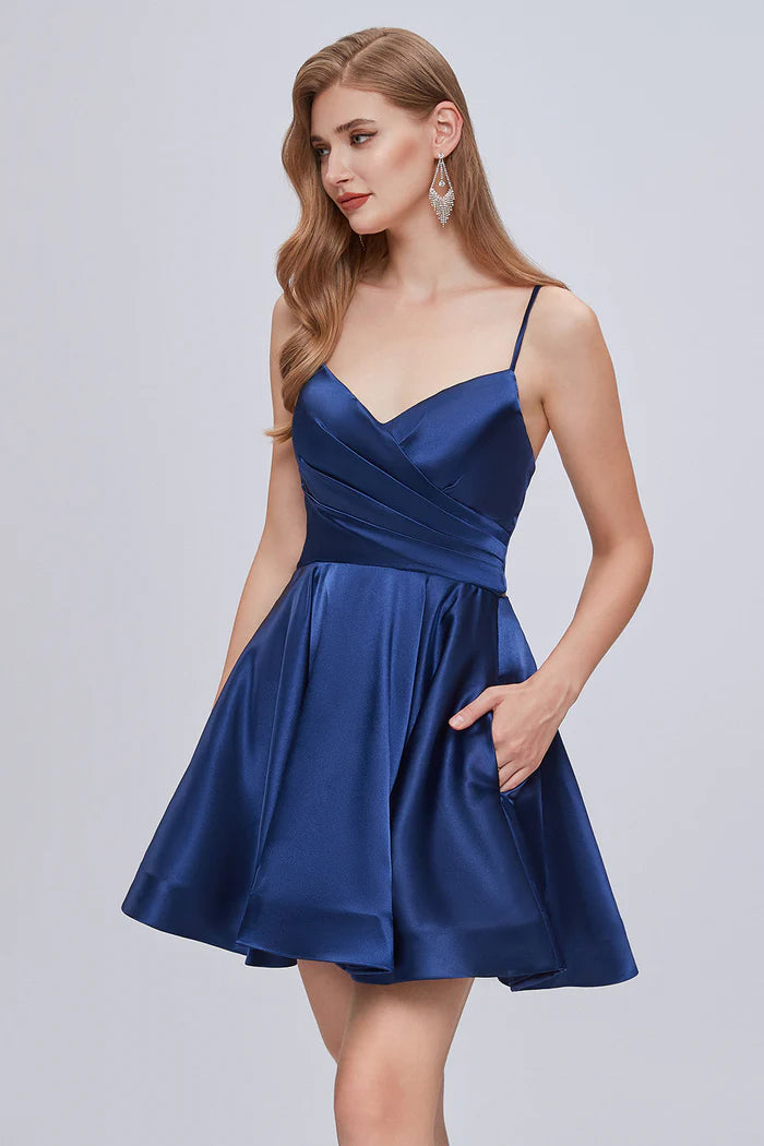 Spaghetti Strap Blue V Neck A Line Backless Homecoming Dresses