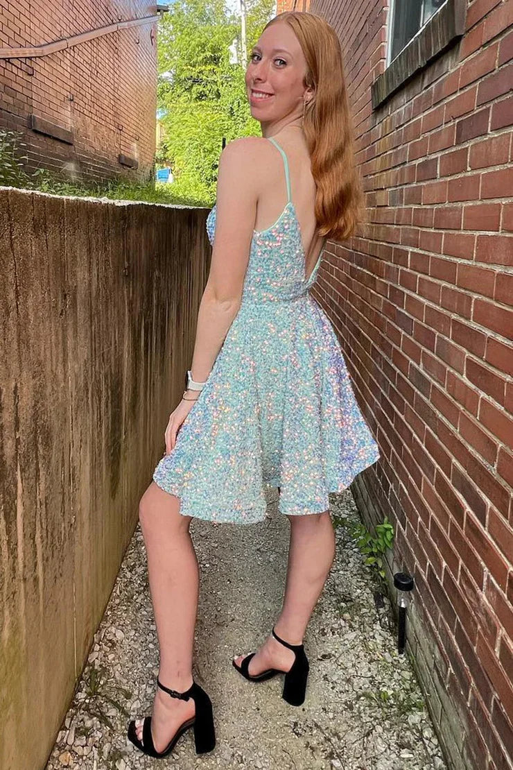 A Line V Neck Sage Green Sequins Short Homecoming Dresses