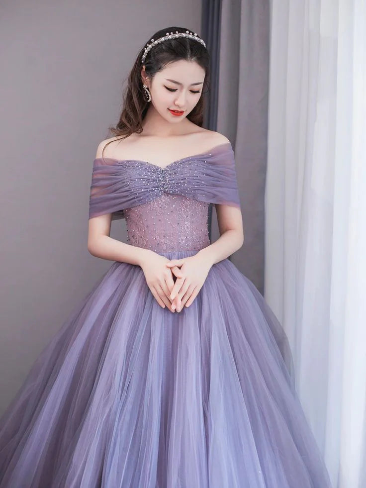 Purple A-Line Off Shoulder Tulle Beading Long Prom Dress