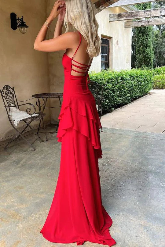 Red Spaghetti Straps Ruffles Sleeveless Lace-Up Long Prom Dress