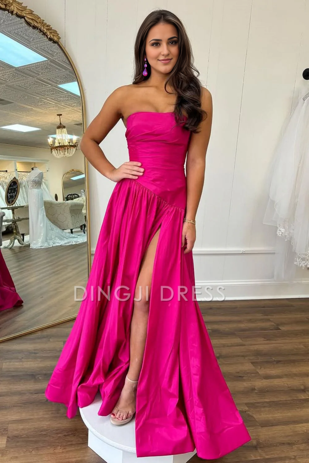 DingJiDress Simple A-Line Strapless Long Satin with Slit Elegant Prom Dress